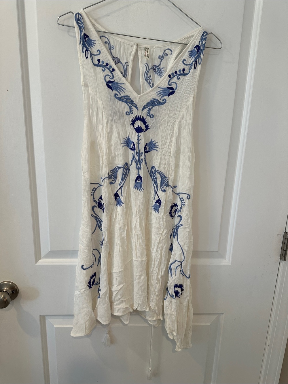 Free People White Dress with Blue Embroidery